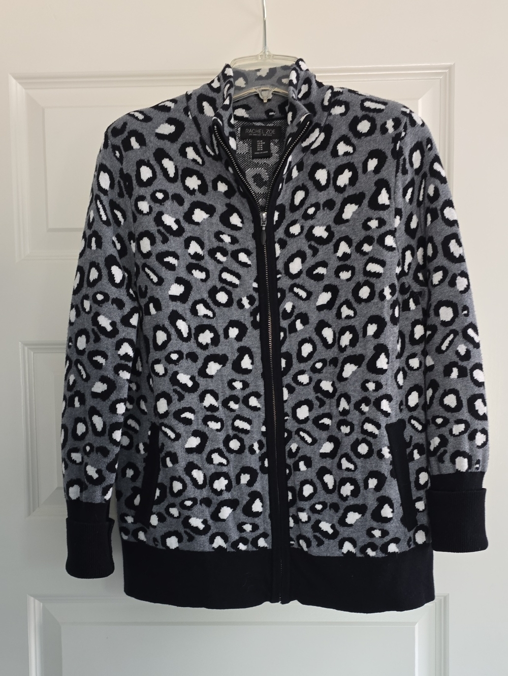 Rachel Zoe Black & Gray Leopard Zip-Front Teddy Jacket